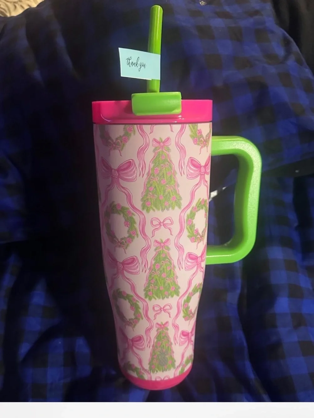 Simply Southern Pink & Lime Green Holiday Tree & Wreath Travel Tumbler